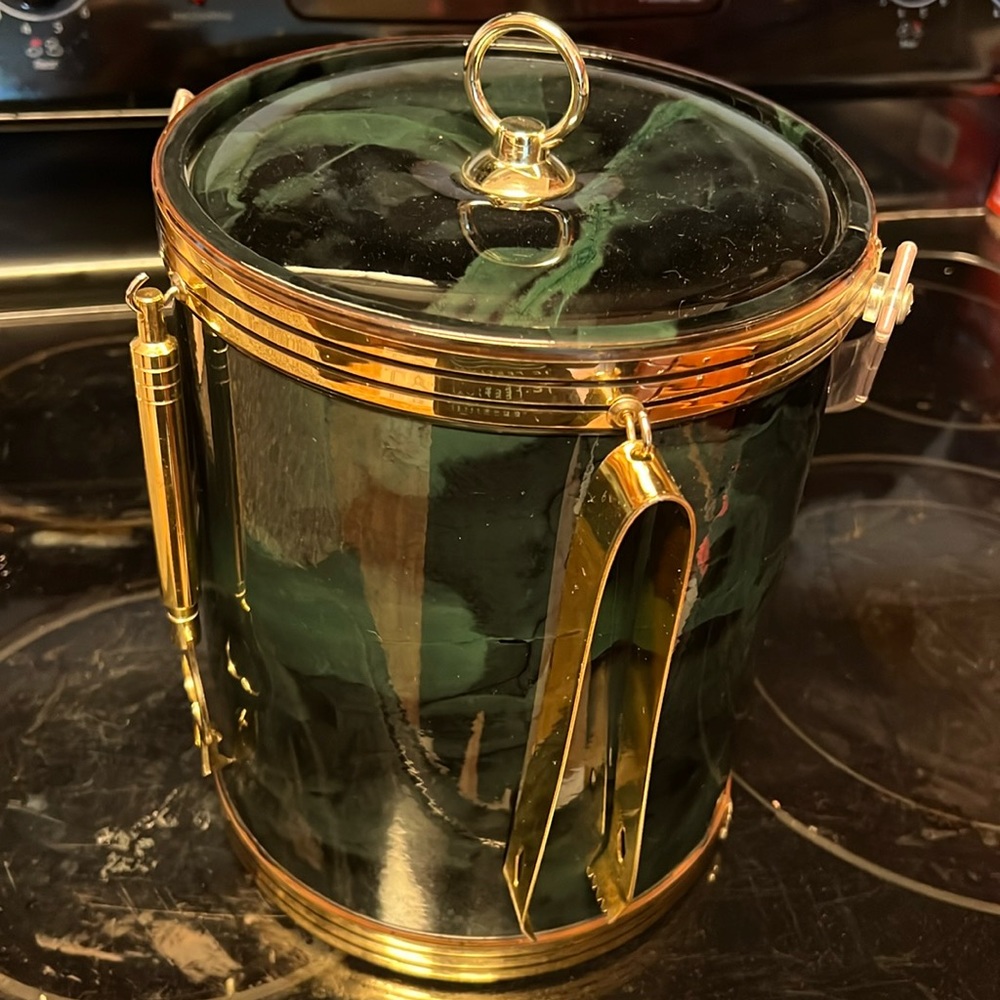 Vintage Ice Bucket Set in Faux Forest Green Marble